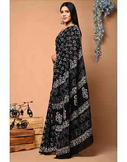 Assam silk tringle hand block printed black and white saree