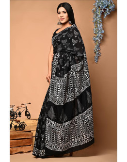 Assam silk roteded dot hand block printed black and white saree