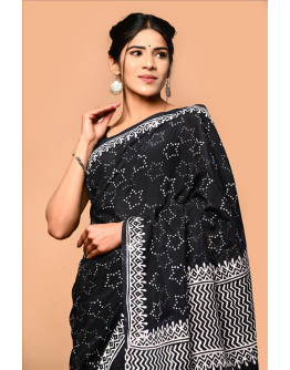Beautiful star printed hand block printed black and white assam silk saree