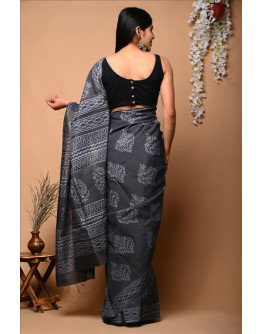 Butta flower dark gery hand block printed assam silk saree