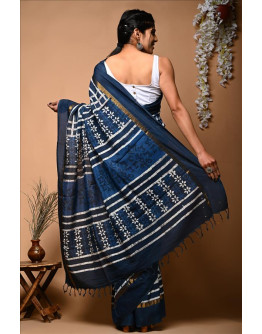 Beautiful geomatrical  indigo blue hand block printed assam silk saree