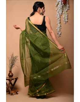 Deep green with jaal printed kotta doriya cotton saree
